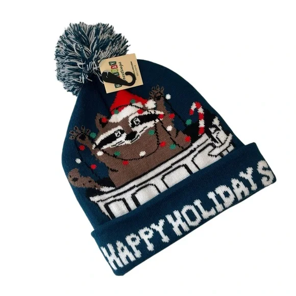 Books-A-Million Happy Holidays raccoon trash can winter beanie acrylic - Picture 1 of 9